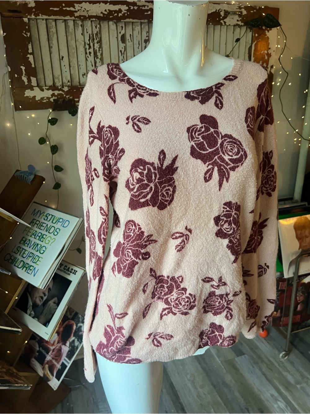 ELLE Rose Floral sweater XS Blush Pink Burgundy Romantic Coquette